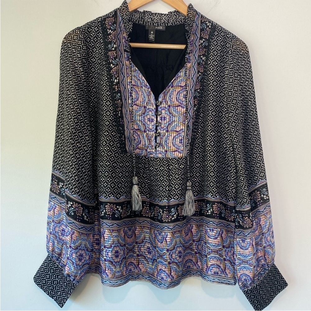 AQUA Multi Mixed Media Patterned Long Sleeves Tie Neck Button Top Medium
